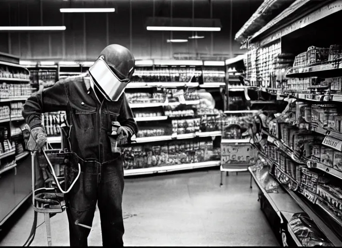 Image similar to welder in welding mask at the supermarket, by richard avedon, tri - x pan stock