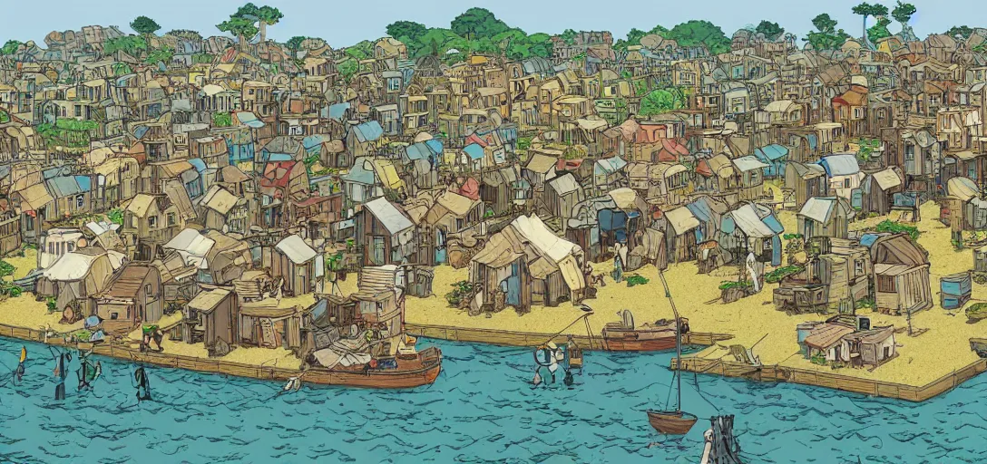 Prompt: a photorealistic digital illustration of a shady shanty town by Studio Ghibli and Herge