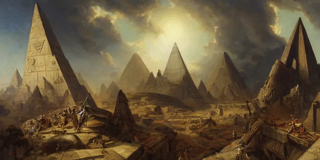 Image similar to hubert robert simonetti rutkowski epic painting aztec warrior watching spaceship starship in the sky, background is mesoamerican pyramid