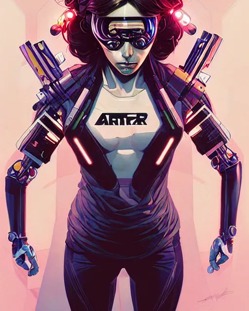 Image similar to artgerm, joshua middleton and sandra chevrier comic cover art, full body pretty female cyberpunk hacker, symmetrical eyes, long curly hair, beautiful, rim lighting, vivid colors