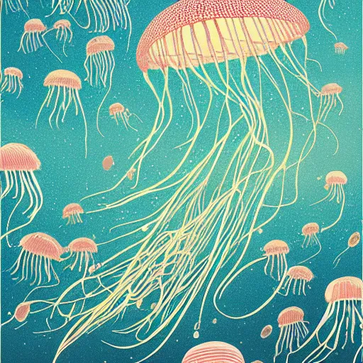 Prompt: Lots of jellyfish swimming in the sky by Victo Ngai