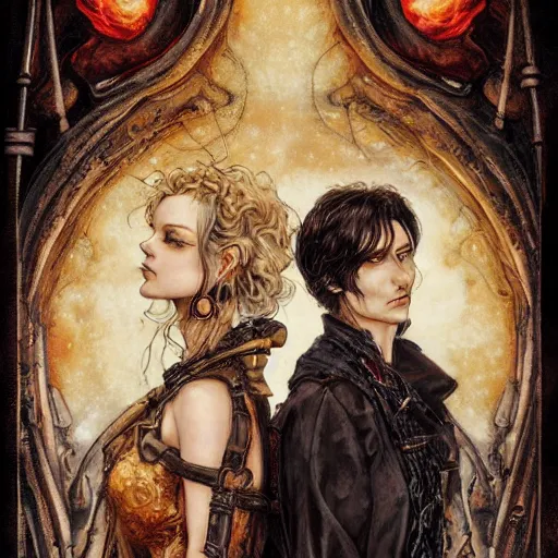 Image similar to a man and a woman standing next to each other in front of fire, an album cover by ayami kojima, cgsociety, international gothic, steampunk, fantasy, gothic