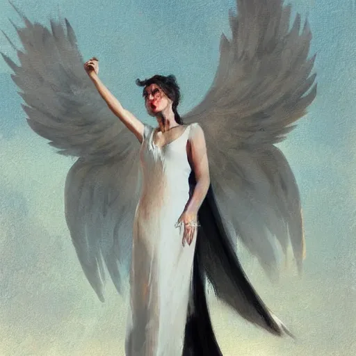 Image similar to Painting by Greg Rutkowski, an opera singer in a white dress with wings on stage