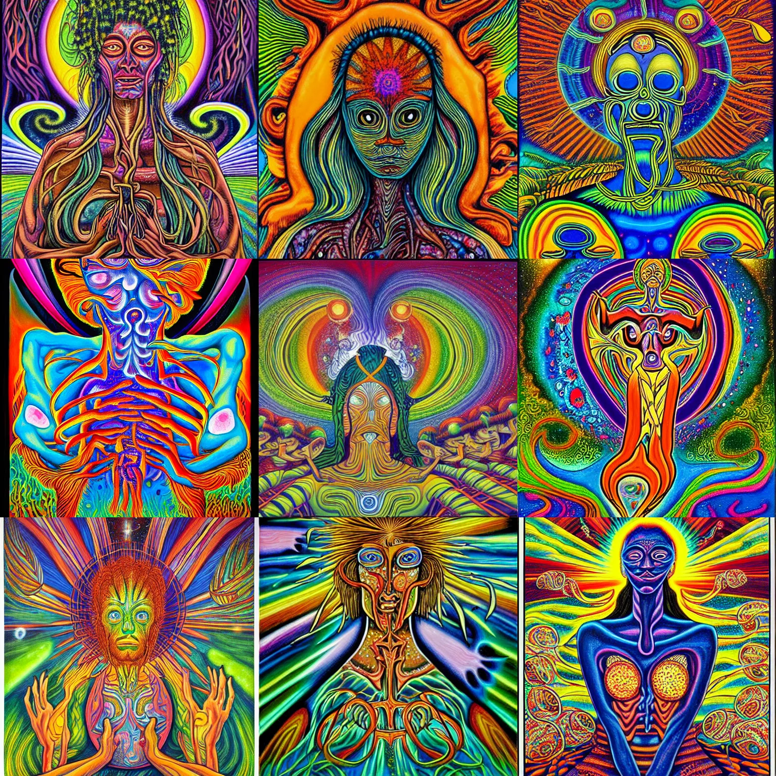 Prompt: mother nature ayahuasca spirit, painting by aaron brooks in the style of cosmic christ by alex grey