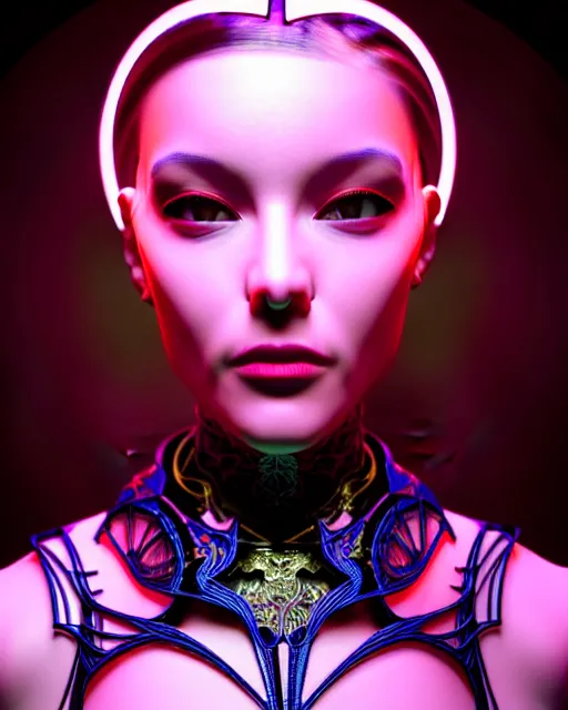 Prompt: 3 d front pose render, stunning beautiful young girl alluring biomech - cyberpunk model with a porcelain profile face, rim light, big neon circiuts and lines, borders, fine detail, lace, alexander mcqueen, art nouveau fashion embroidered collar, dieselpunk, neon filigree details, hexagonal mesh wire, ifs reflection, elegant, artstation trending