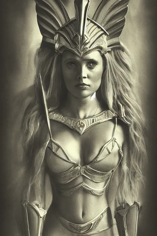 Image similar to she - ra, portrait, full body, symmetrical features, silver iodide, 1 8 8 0 photograph, sepia tone, aged paper, sergio leone, master prime lenses, cinematic