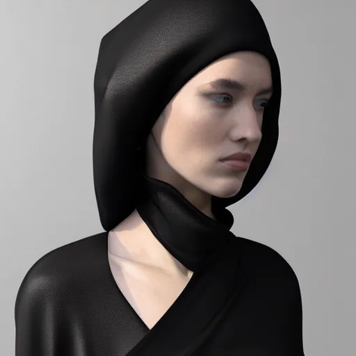 Prompt: detailed portrait a fashion model wearing black a black balenciaga full length dress, black balenciaga hood, 4 k, 3 d, render redshift render