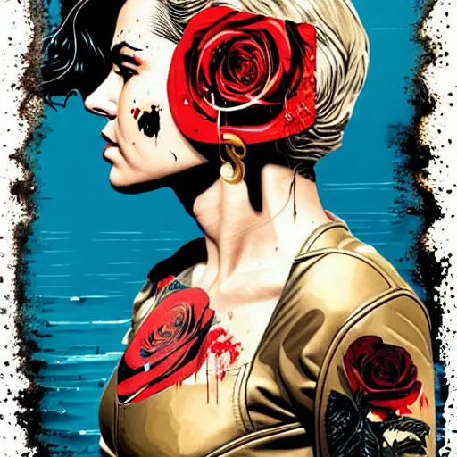 Prompt: portrait of britainwoman :: side profile :: in ocean :: roses and guns metal details :: gold :: blood and horror :: by marvel and Sandra Chevrier