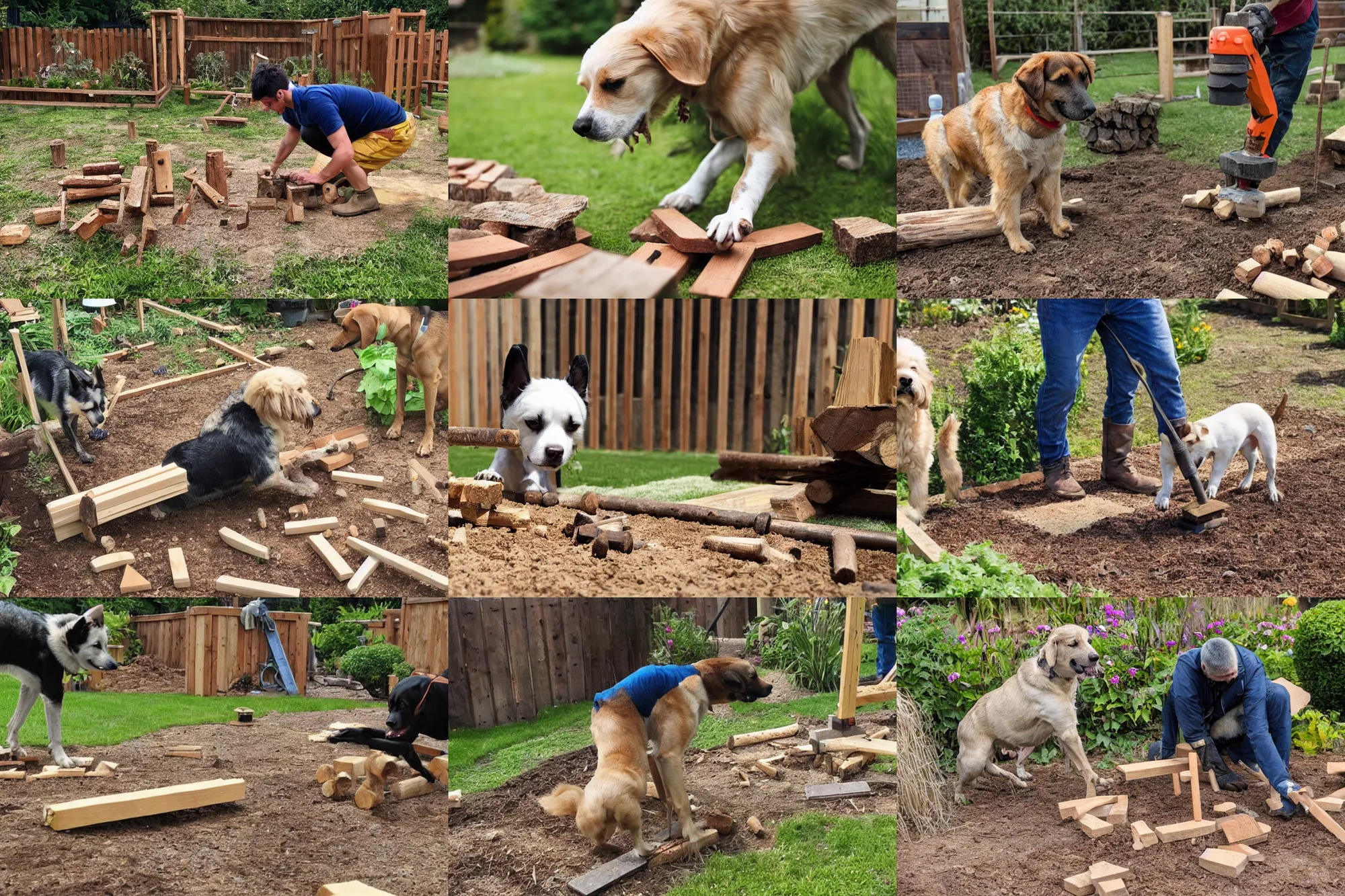 Prompt: a dog drilling wood pieces together in the garden.