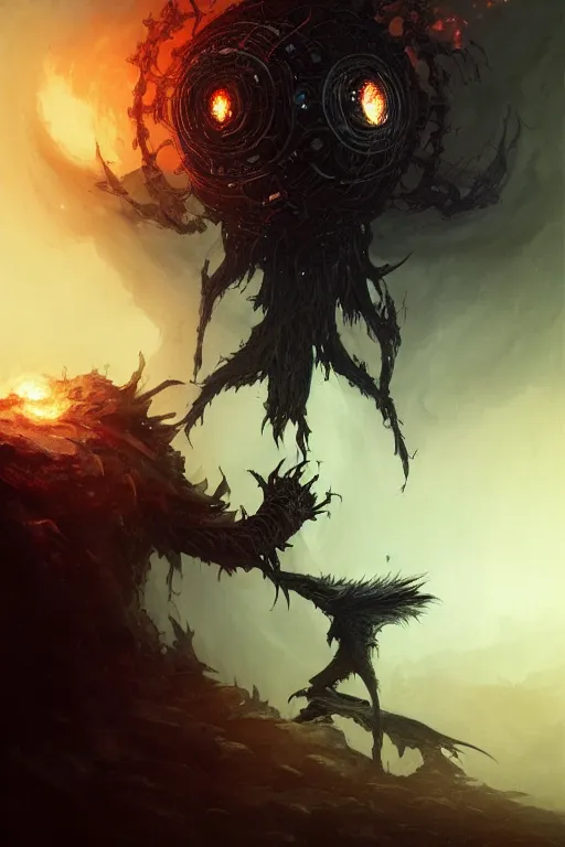 Prompt: Black Orb of Fire, digital art, fantasy, magic, trending on artstation, illustration by Seb McKinnon and Peter Mohrbacher, ultra detailed, atmospheric, powerful presence, bossfight, darksouls, grand finale, explosive entrance, final battle, cutscene