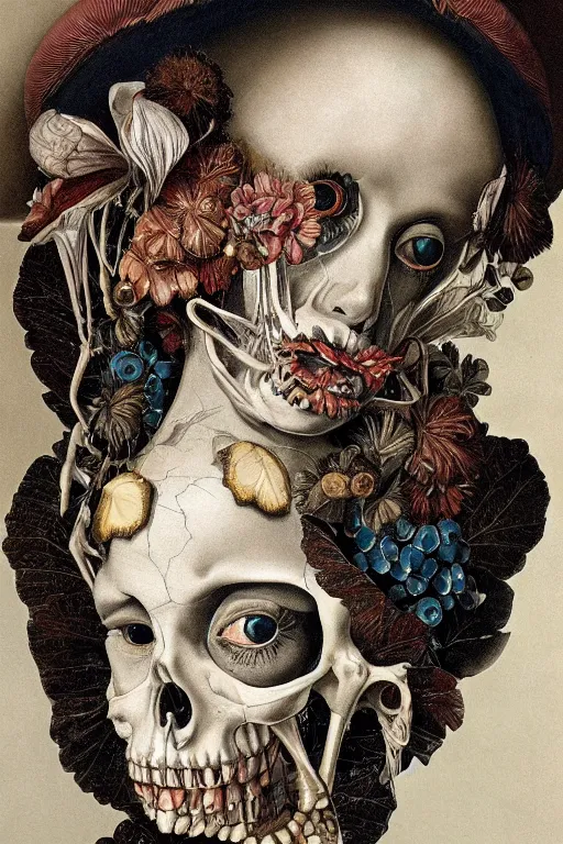 Prompt: Detailed maximalist portrait with large lips and with large eyes, sad expression, skeletal, HD mixed media, 3D collage, highly detailed and intricate illustration in the style of Caravaggio, dark art, baroque