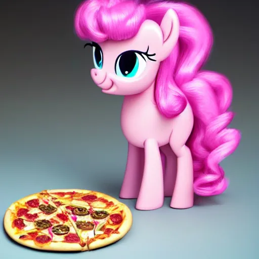 Prompt: still photo of pinky pie from my little pony eating pizza, highly detailed, photorealistic portrait, bright studio setting, studio lighting, crisp quality and light reflections, unreal engine 5 quality render