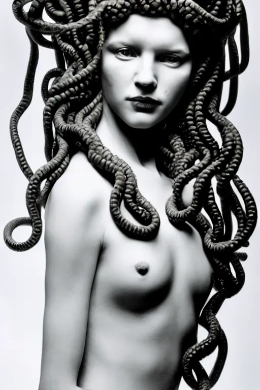 Prompt: full - length portrait of medusa gorgon, fashion color studio lighting, 3 5 mm, head to shoulders shot, close - up