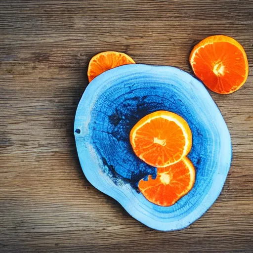 Prompt: a blue orange cut in half on a wooden table