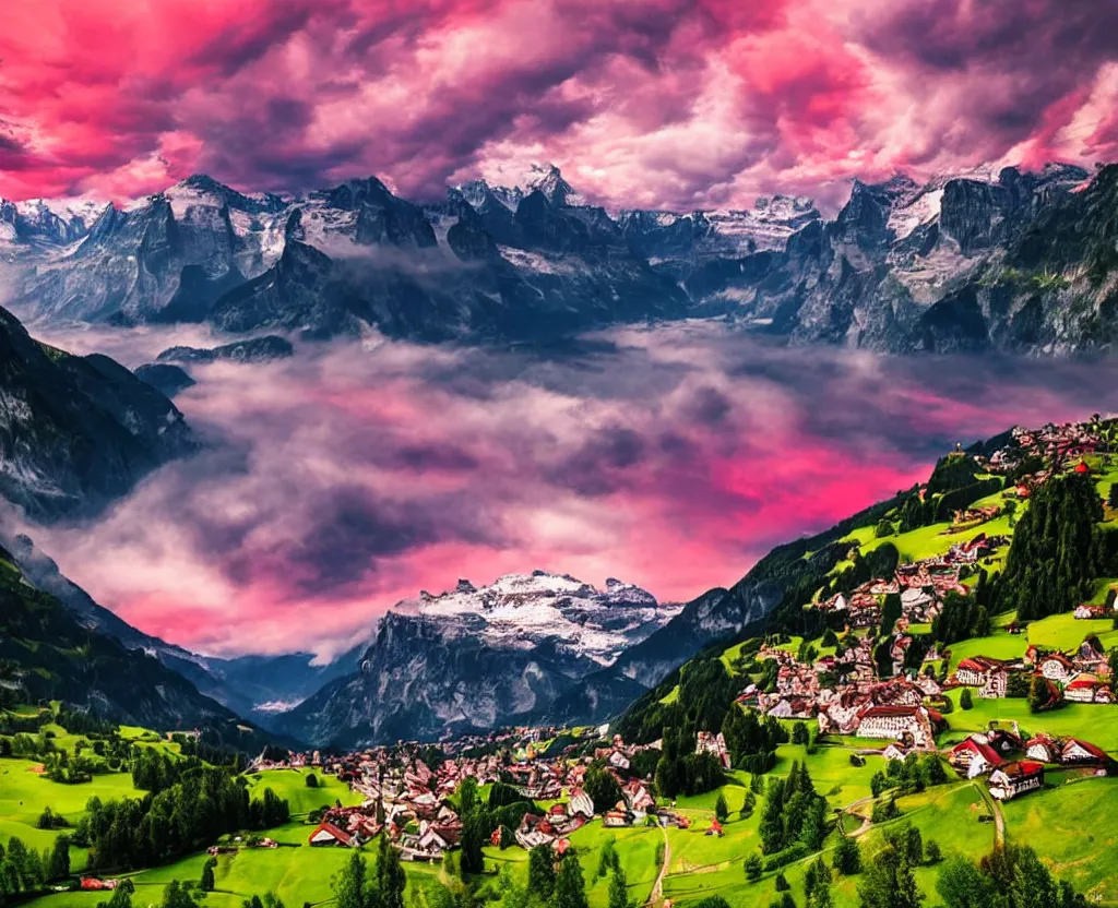 Prompt: Beautiful switzerland with red clouds