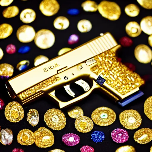Prompt: a medium shot photograph of a gold glock 18 encrusted with gemstones against a silk background