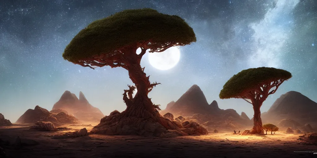 Image similar to moonlit socotra island with dragon trees, starry night, sharp focus, wide shot, trending on ArtStation, masterpiece, by Greg Rutkowski, by Ross Tran, by Fenghua Zhong, octane, soft render, ultrarealistic, colorful, cinematic, matte painting, shadow of the tomb rider