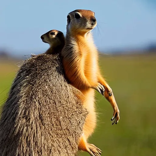 Prompt: Prairie Dog riding on the back of an Emu