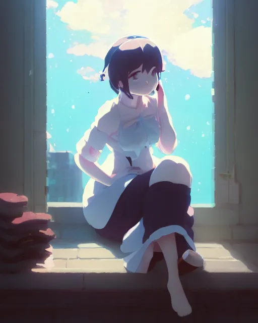 Prompt: a cute stylized thicc ghost, sitting on a windowsill of an old house, dramtic lighting, calming ， by makoto shinkai an krenz cushart