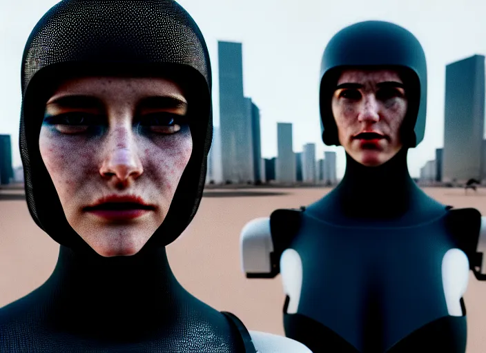 Image similar to cinestill 5 0 d photographic portrait of loving female androids wearing rugged black mesh techwear in a desolate american city, extreme closeup, modern cyberpunk, dust storm, 8 k, hd, high resolution, 3 5 mm, f / 3 2, ultra realistic faces, intricate detail, ex machina