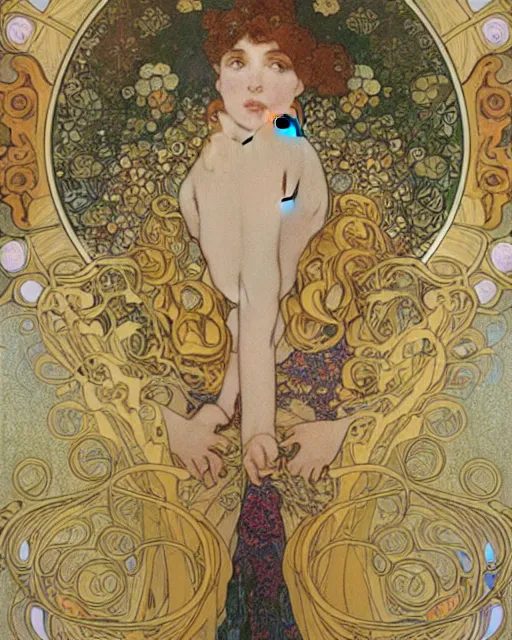 Prompt: a combination of the art styles of Alphonse Mucha and Gustav Klimt