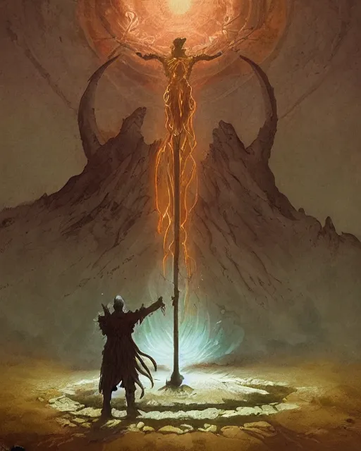 Image similar to a druid standing in a circle at the beginning of the world by greg rutkowski and frank frazetta and peter mohrbacher and william blake and dan mumford