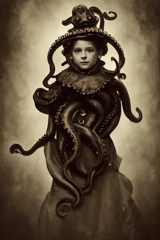 Image similar to wet plate photograph portrait of a victorian - era anthropomorphic octopus child dressed in a victorian - era clothing, dramatic lighting, highly detailed, digital painting, artstation, concept art, smooth, sharp focus, illustration, art by wlop, mars ravelo and greg rutkowski