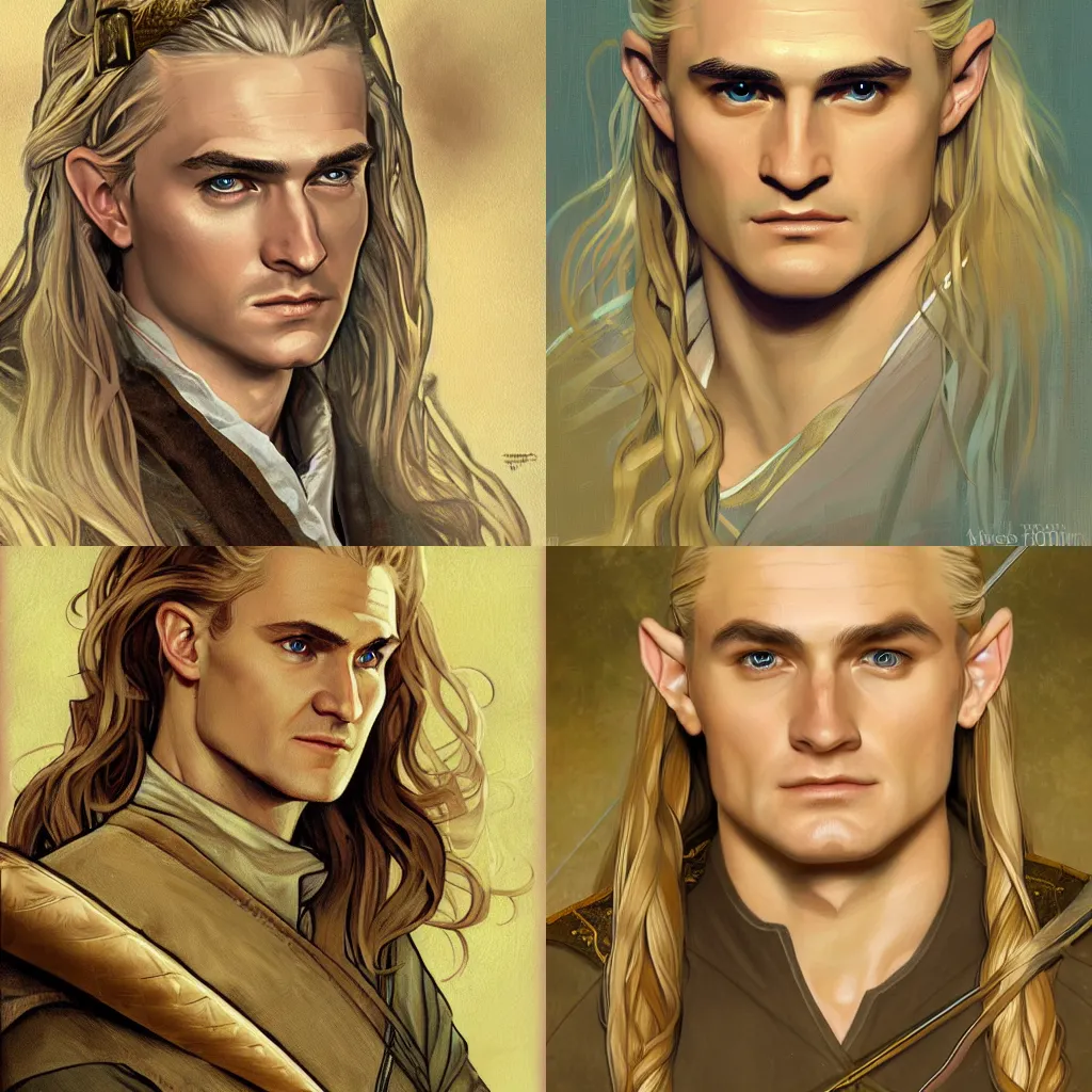Prompt: legolas from lord of the rings, digital portrait, high quality brushstrokes and ethereal lighting, backlit, beige and gold tones, alphonse mucha, diego fernandez, Janice Sung, artstation, deviantart, pixiv