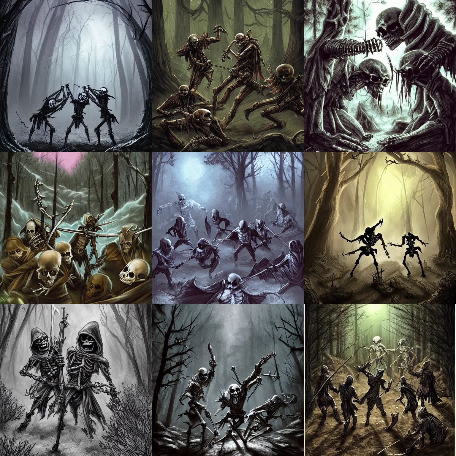 Prompt: a lot of dangerous skeletons wearing hoodies fighting in a forest at night, dnd, dramatic, fantasy art
