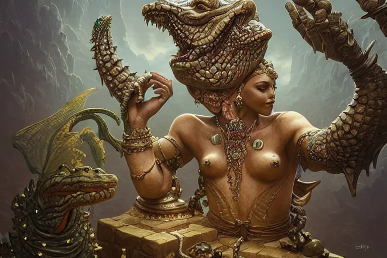 Image similar to stone statue of the anthropomorphic crocodile god adorned with gemstones, deep focus, d & d, fantasy, intricate, elegant, highly detailed, digital painting, artstation, concept art, matte, sharp focus, illustration, hearthstone, art by artgerm and greg rutkowski and alphonse mucha