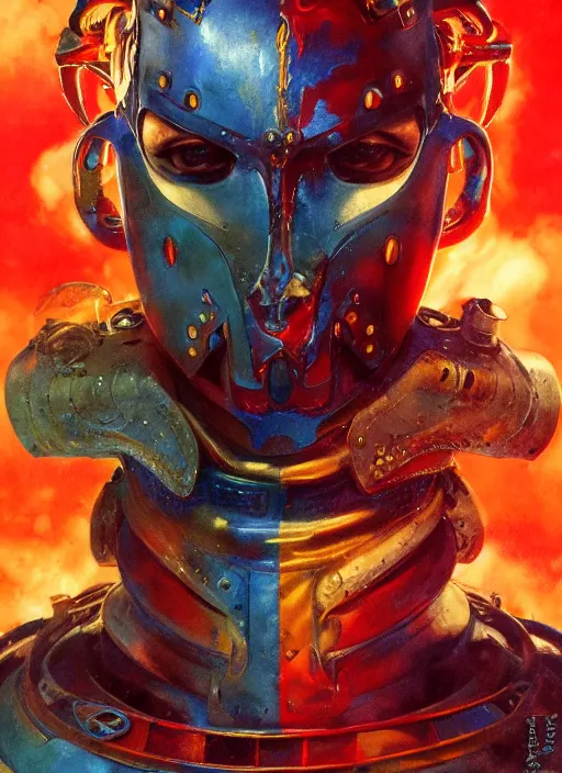 Image similar to ( ( symmetry ) ) closeup portrait of a stunning armored cyborg female pirate captain, strong cinematic light, backlight, red yellow blue, viscous smoke, fluid simulation, mist, by gerald brom, by mikhail vrubel, by peter elson, muted colors, extreme detail, trending on artstation, 8 k