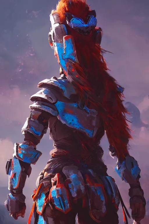 Image similar to combination suit armor aloy horizon forbidden west horizon zero dawn radiating a glowing aura global illumination ray tracing hdr fanart arstation by ian pesty and alena aenami artworks in 4 k tribal robot ninja mask helmet backpack