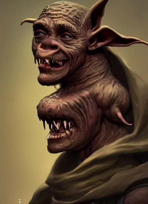 Prompt: profile portrait of a medieval goblin in the cloisters, beautiful face, hyper realistic, highly detailed, digital painting, artstation, illustration, concept art by hyung tae and frank frazetta, digital paint, matte paint, washed colors, dark, gloomy