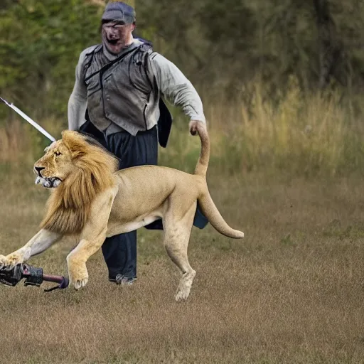 Prompt: a dog hunting a lion