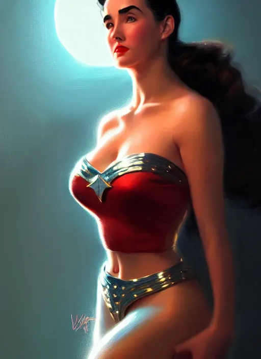 Image similar to portrait of 1 9 5 0 s darna, young jennifer connelly, intricate, elegant, glowing lights, highly detailed, digital painting, artstation, glamor pose, concept art, smooth, sharp focus, illustration, art by wlop, mars ravelo and greg rutkowski