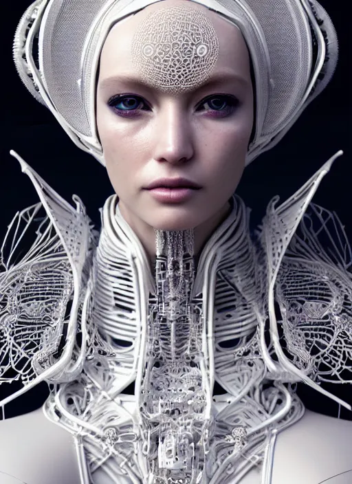 Image similar to portrait of an absurdly beautiful, graceful, sophisticated, fashionable cyberpunk mechanoid, hyperdetailed illustration by irakli nadar and alexandre ferra, intricate linework, white porcelain skin, faberge, fractal headdress, unreal engine 5 highly rendered, global illumination, radiant light, detailed and intricate environment