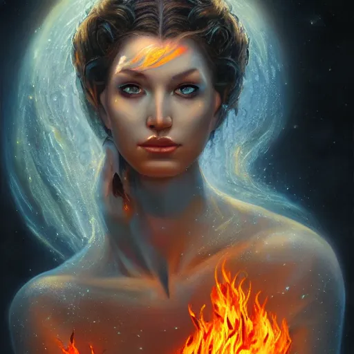 Image similar to A stunning portrait of a goddess with a body made of flames by Jim Burns, 8K UHD, intricate, fantasy, Trending on artstation.