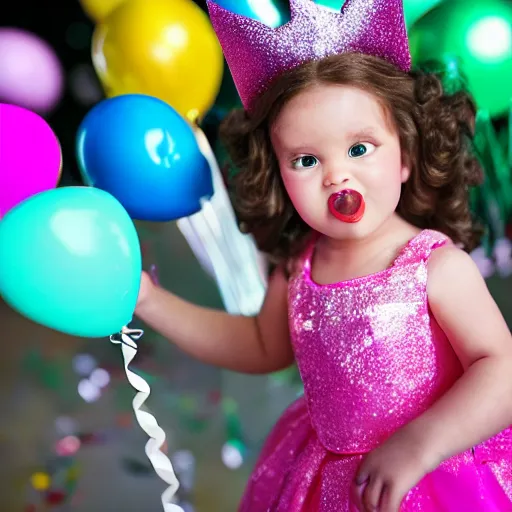 Image similar to a closeup photorealistic photograph of disney princess sophia at her birthday holding balloons and eating cake. brightly lit scene. this 4 k hd image is trending on artstation, featured on behance, well - rendered, extra crisp, features intricate detail, epic composition and the style of unreal engine.