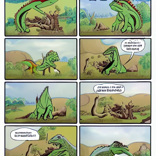 Prompt: four - panel comic about dinosaurs