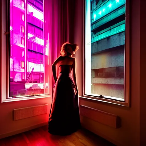 Prompt: dancing girl wearing a gown, short hair, bed room, cyberpunk city view out of the window, no lights in bedroom, bright neon lights from the city