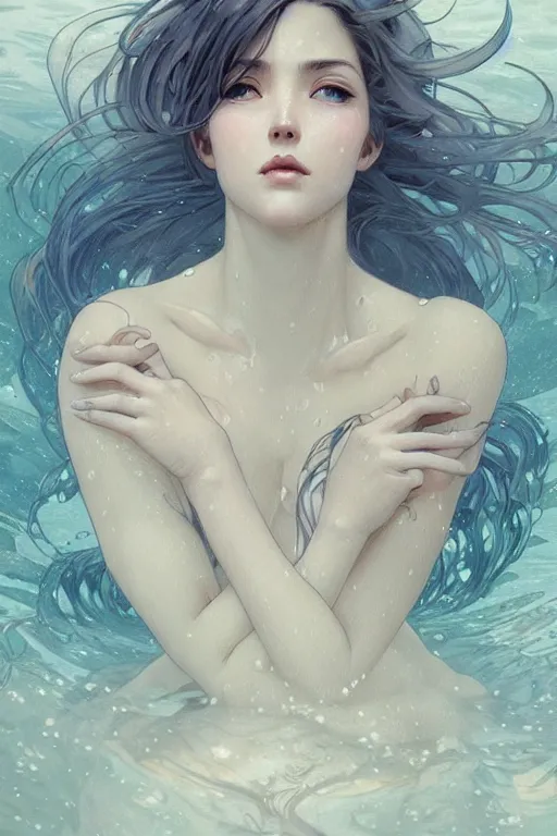 Image similar to full body underwater windy hair zero gravity floating seductive meditation goddess in the style of artgerm, wlop, greg rutkowski, alphonse mucha and ayami kojima, realistic details, volumetric lighting, very very very very beautiful symmetrical face, trending on artstation, artstationhd, artstationhq, unreal engine, 4 k, 8 k