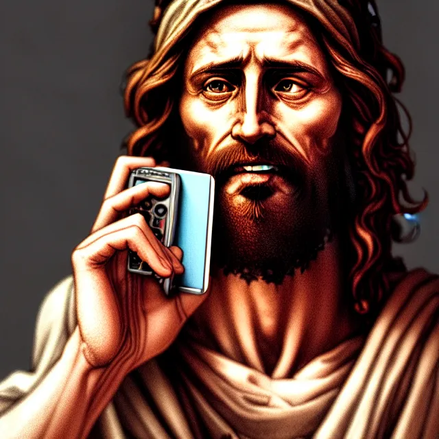 Prompt: the portrait of jesus christ talking on old phone, an ultrafine hyperdetailed illustration by kim jung gi, irakli nadar, detailed faces, intricate linework, bright colors, octopath traveler, final fantasy, unreal engine 5 highly rendered, global illumination