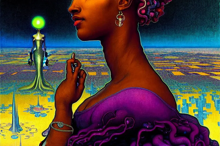 Prompt: realistic extremely detailed closeup portrait painting of a beautiful black woman in a dress with supercomputer alien, city street on background by Jean Delville, Amano, Yves Tanguy, Ilya Repin, Alphonse Mucha, Ernst Haeckel, Edward Hopper, Edward Robert Hughes, rich moody colours