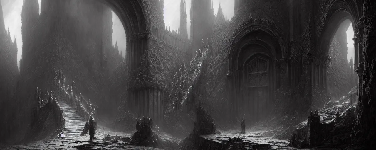 Prompt: a digital concept art by gustave dore and greg rutkowski, trending on artstation. dante's divine comedy, dark fantasy cave palace of bad omens, a iron throne, white stone steps seeping magma. 3 d, octane render, unreal engine. mist.