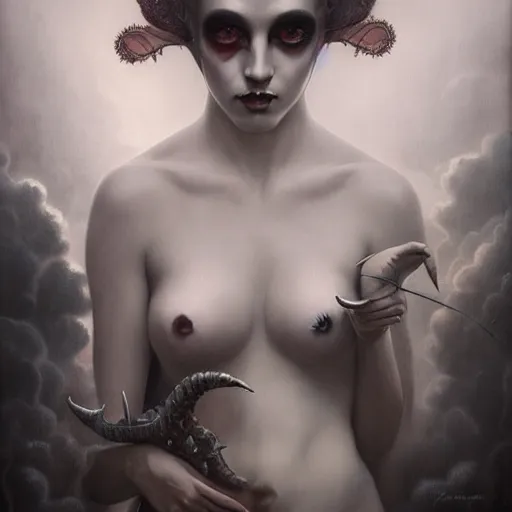 Prompt: By Tom Bagshaw, ultra realist soft painting portrait of curiosities carnival by night, very beautiful horned single zynoid fully dressed fading, symmetry accurate features, very intricate details, ominous sky, black and white, volumetric light clouds