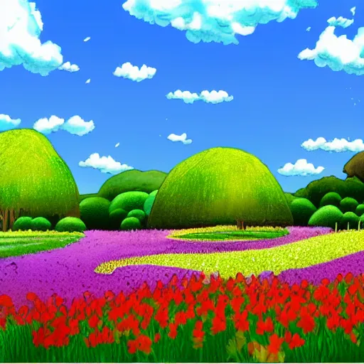 Prompt: flower forest background made by studoo ghibli, beautiful scene