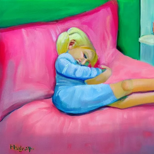 Image similar to blond little girl asleep, dreaming of donuts, pink, cosy room, oil painting