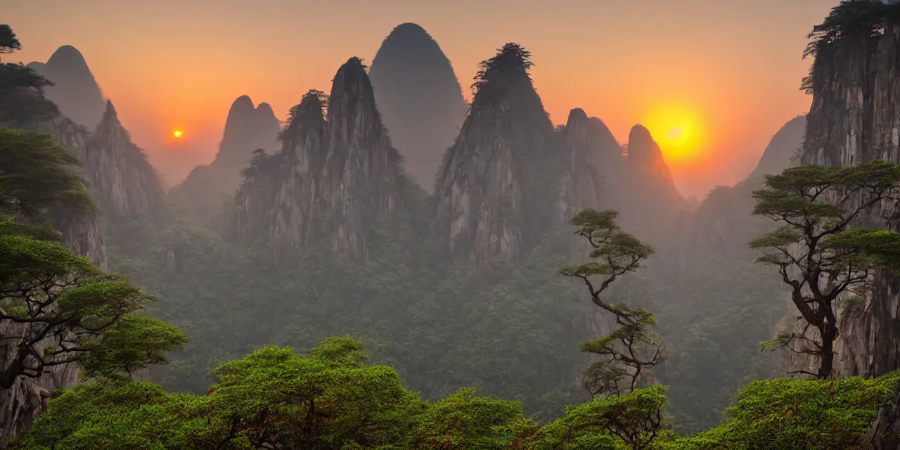 Prompt: sunset over misty huangshan's temples, artwork by archibald thorburn