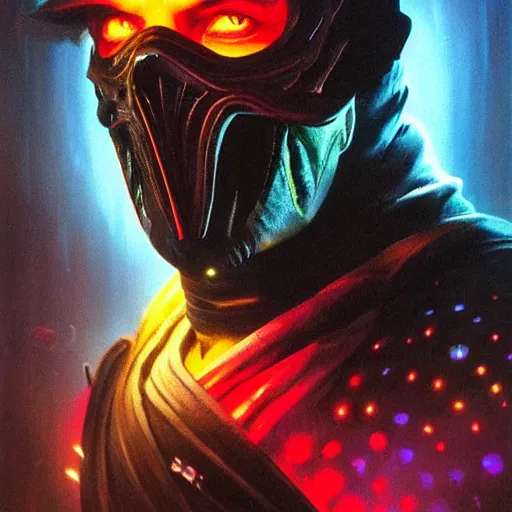 Image similar to a dark and colorful close - up side profile portrait of a mortal kombat chraracter with led lights glowing fog in the background. highly detailed science fiction painting by norman rockwell, frank frazetta, and syd mead. rich colors, high contrast, gloomy atmosphere, dark background. trending on artstation