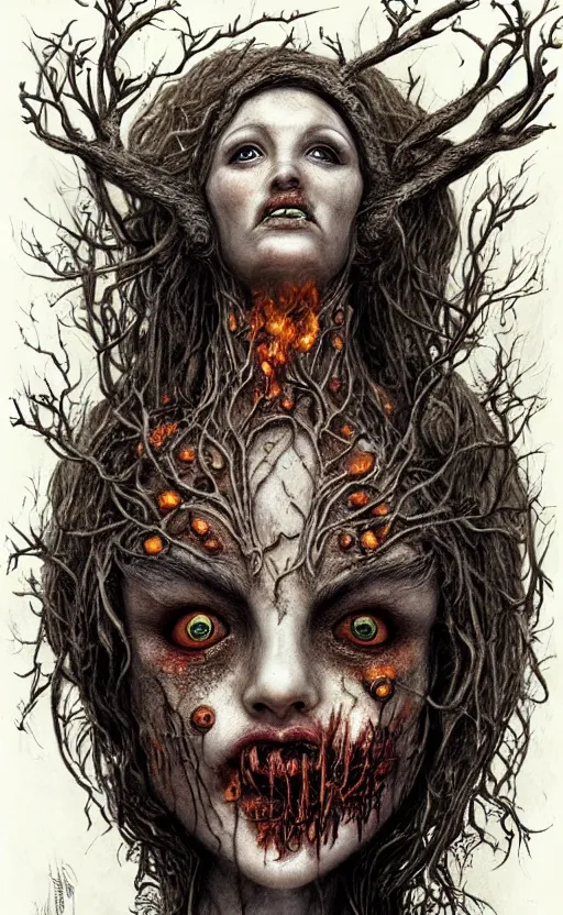 Image similar to rotten tree spirit dryad with a beautiful face and flaming mouth and eyes, mushrooms, fungi, lichen, sketch lines, graphite texture, old parchment, guillermo del toro concept art, justin gerard monsters, intricate ink illustration